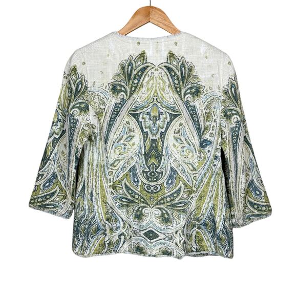 Chico's Sz 0 Embellished Heritage Soft Cotton Tweed Green Open Spring Jacket - Picture 11 of 14